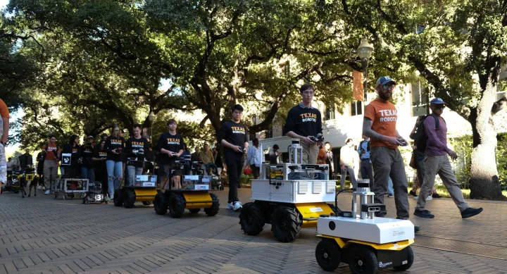 Robots belonging to Texas Robotics stroll through Seedway as part of the UT Year of AI Robot Parade on Nov 15. 2024 Robots belonging to Texas Robotics stroll through Seedway as part of the UT Year of AI Robot Parade on Nov 15. 2024